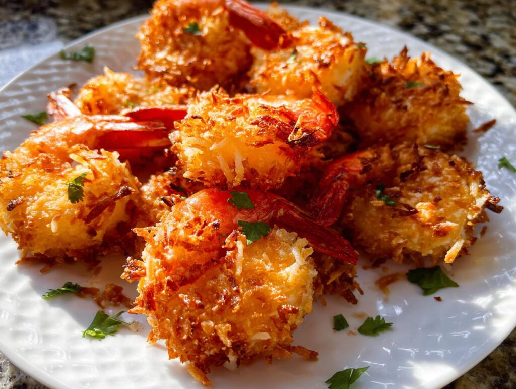 Close-up of golden-brown crispy coconut shrimp, a delicious shrimp recipe, garnished with parsley.