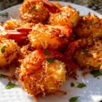 Close-up of golden-brown crispy coconut shrimp, a delicious shrimp recipe, garnished with parsley.