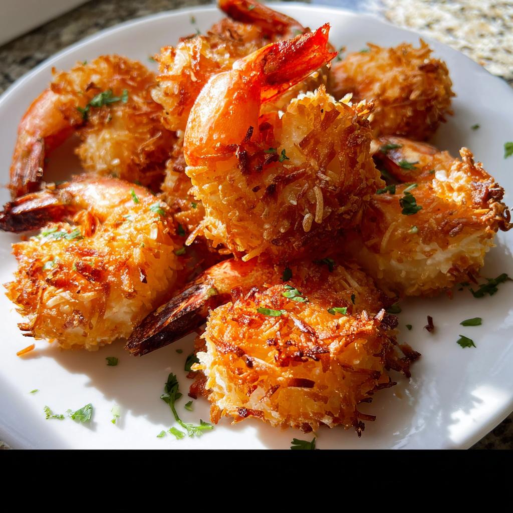 Close-up of golden-brown crispy coconut shrimp, a delicious shrimp recipe, garnished with parsley.