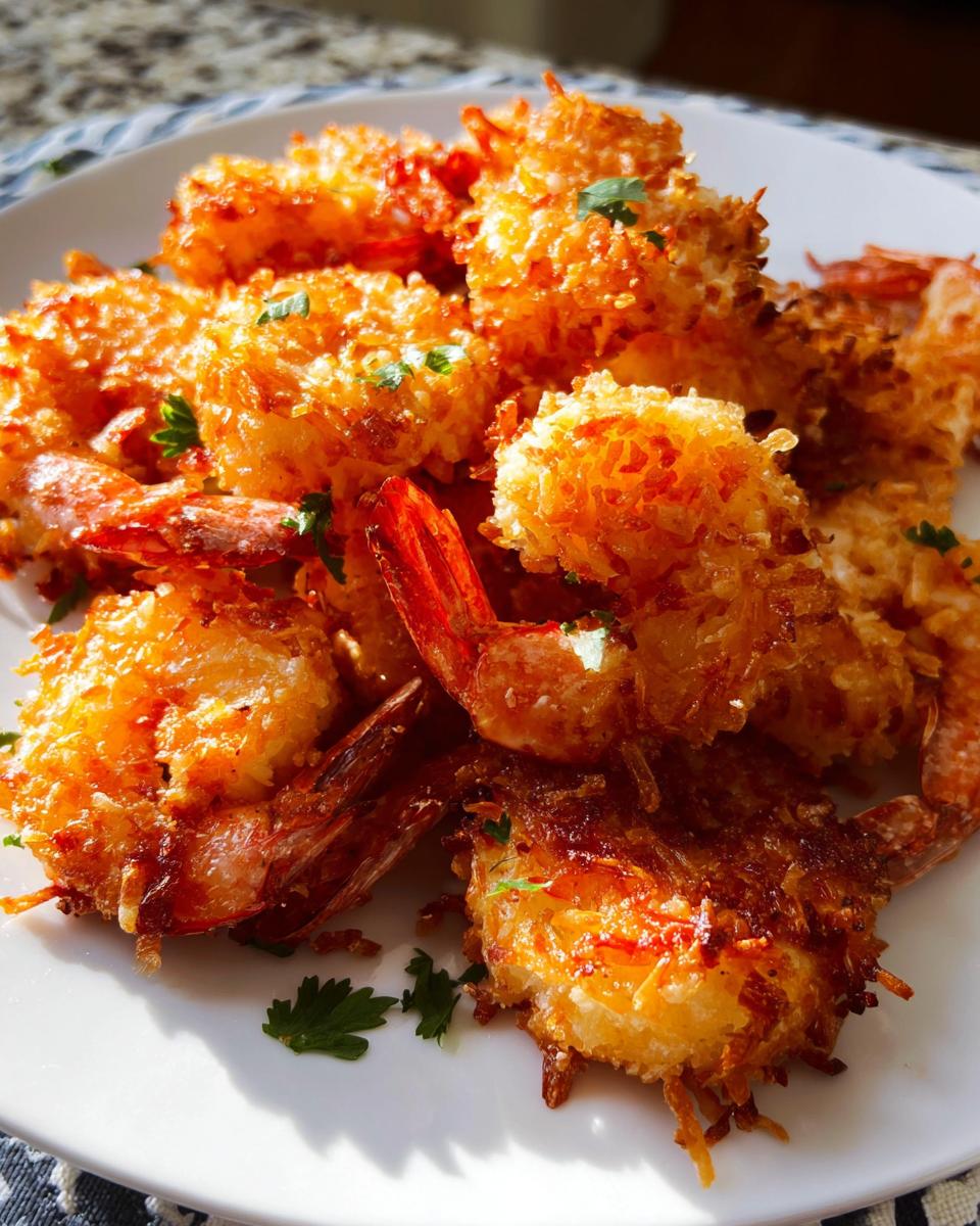 Close-up of golden-brown, crispy coconut shrimp on a white plate, garnished with parsley.