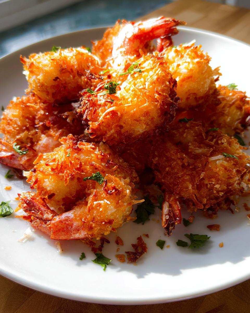 A plate of golden-brown crispy coconut shrimp, garnished with fresh parsley. Part of The Only Shrimp Recipes Recipe You’ll Need.