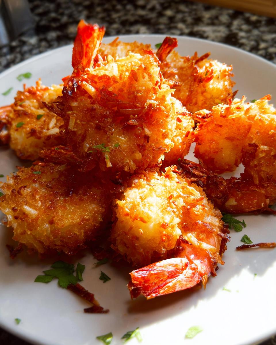 A plate of golden-brown crispy coconut shrimp, a delicious shrimp recipe, garnished with parsley.