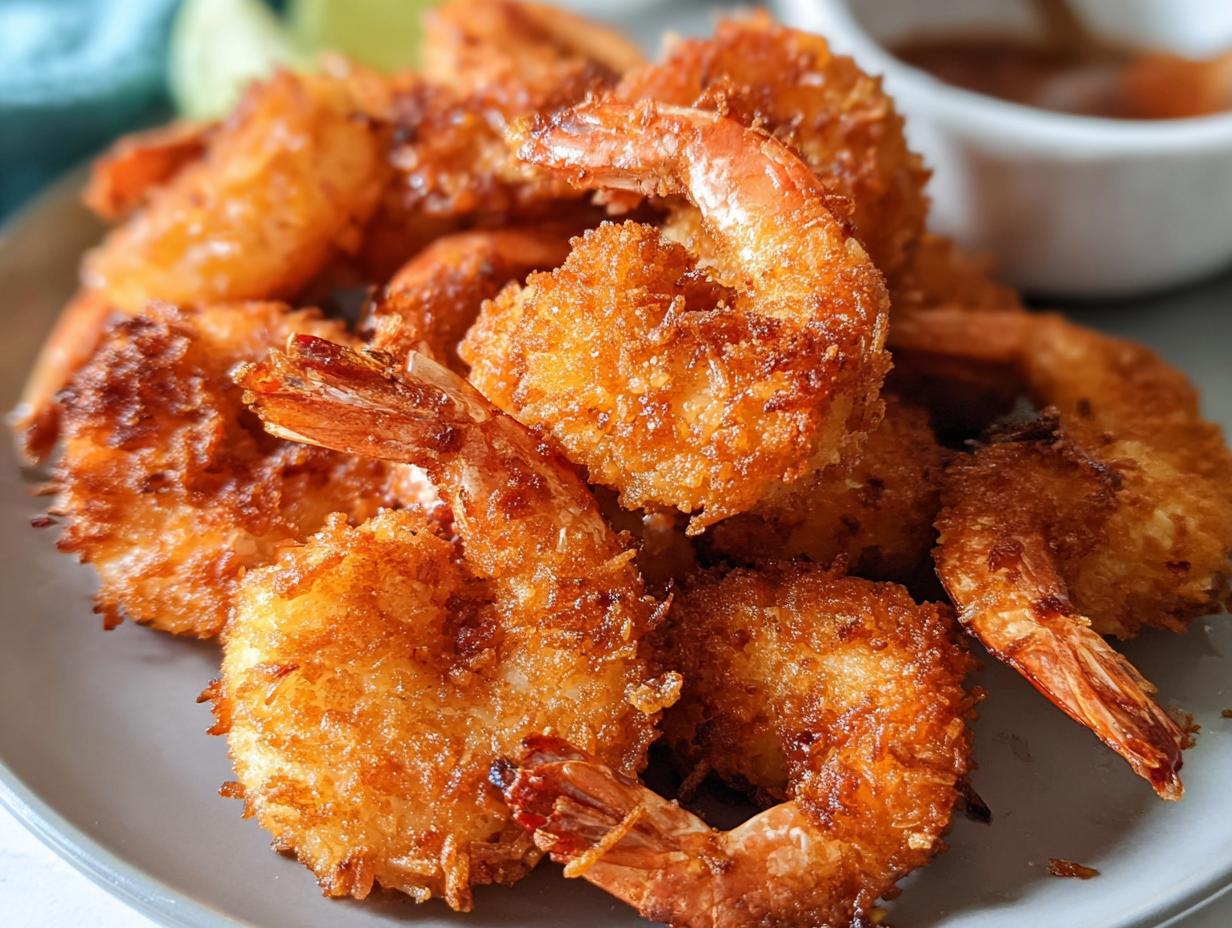 Close-up of a pile of golden-brown, crispy coconut shrimp, a delicious shrimp recipe for busy weeknights.