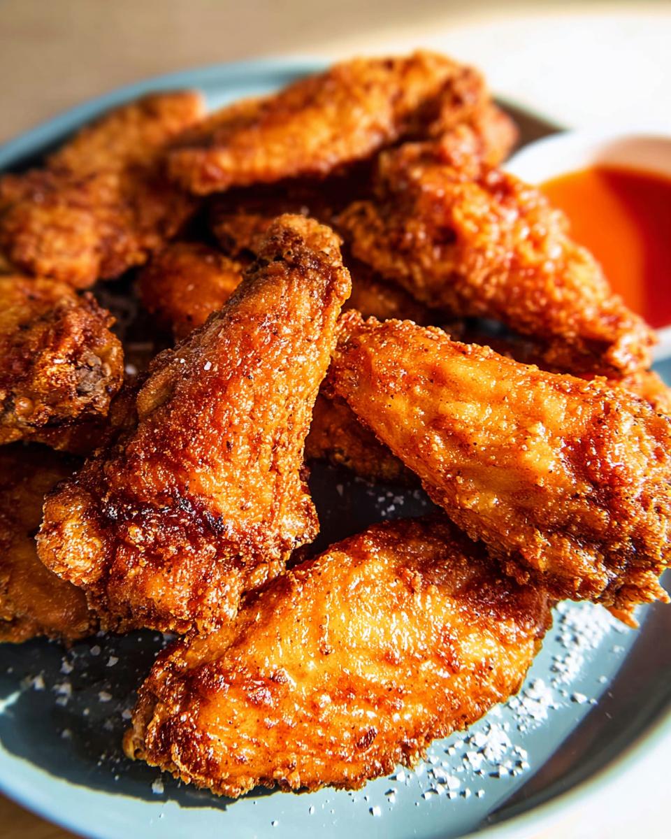 Close-up of golden brown, crispy fried chicken wings seasoned with salt, served on a blue plate with a small dish of dipping sauce.