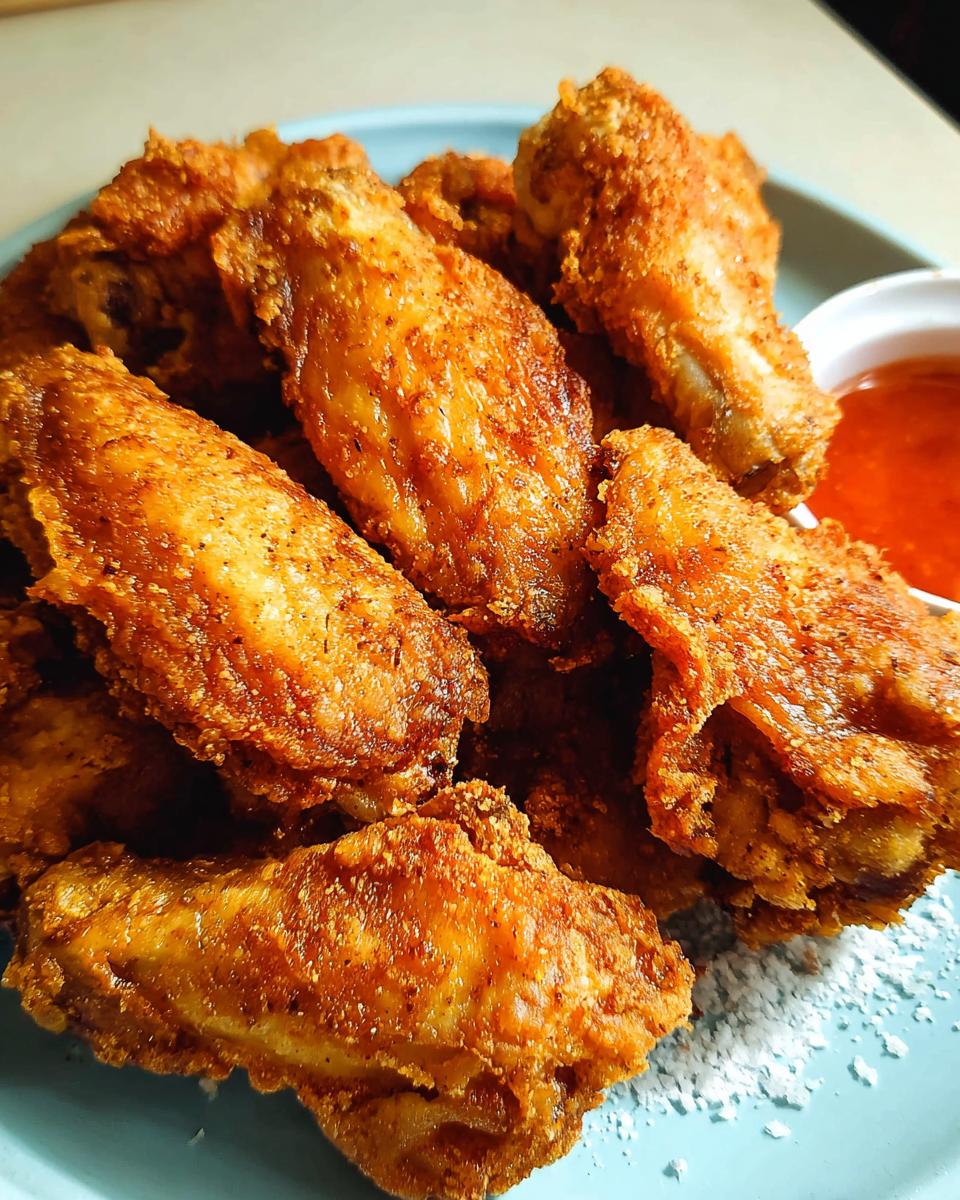 A close-up of a plate piled high with golden-brown, crispy fried chicken wings, served with a side of dipping sauce.