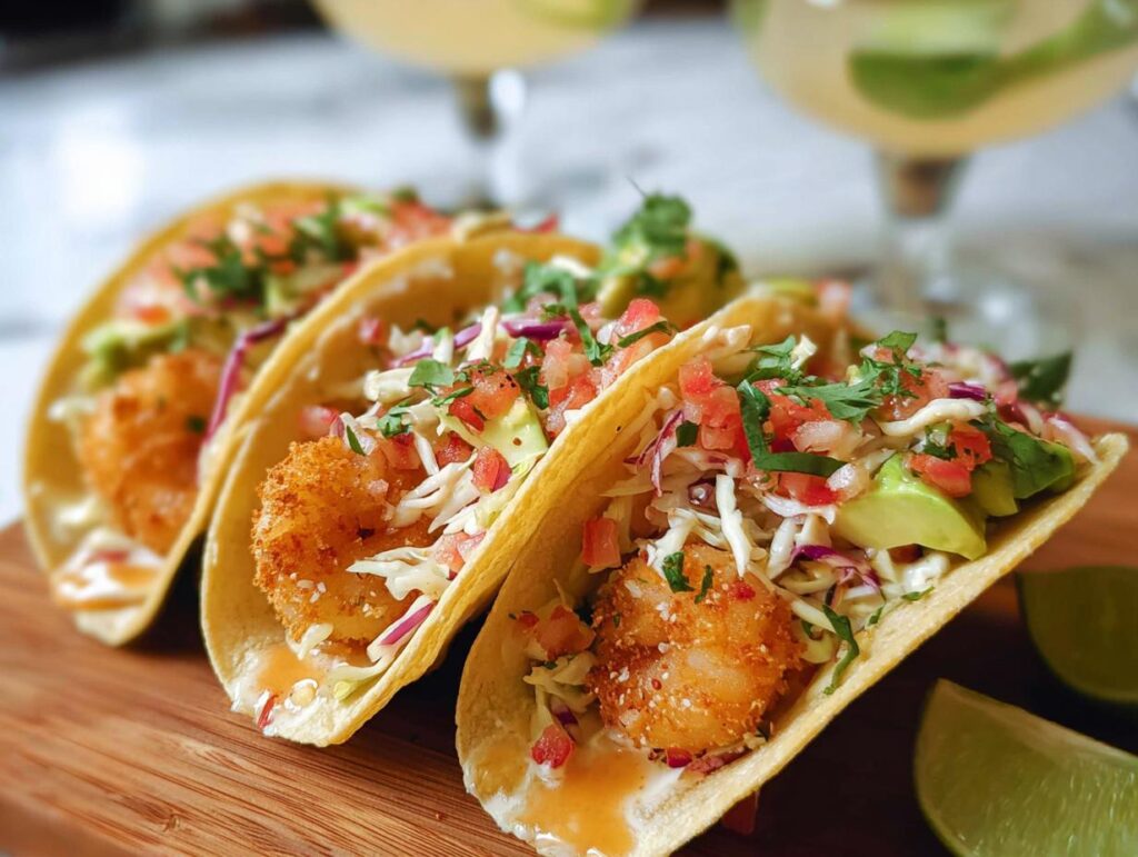 Three crispy shrimp tacos filled with shrimp, avocado, slaw, and salsa, part of quick shrimp recipes.