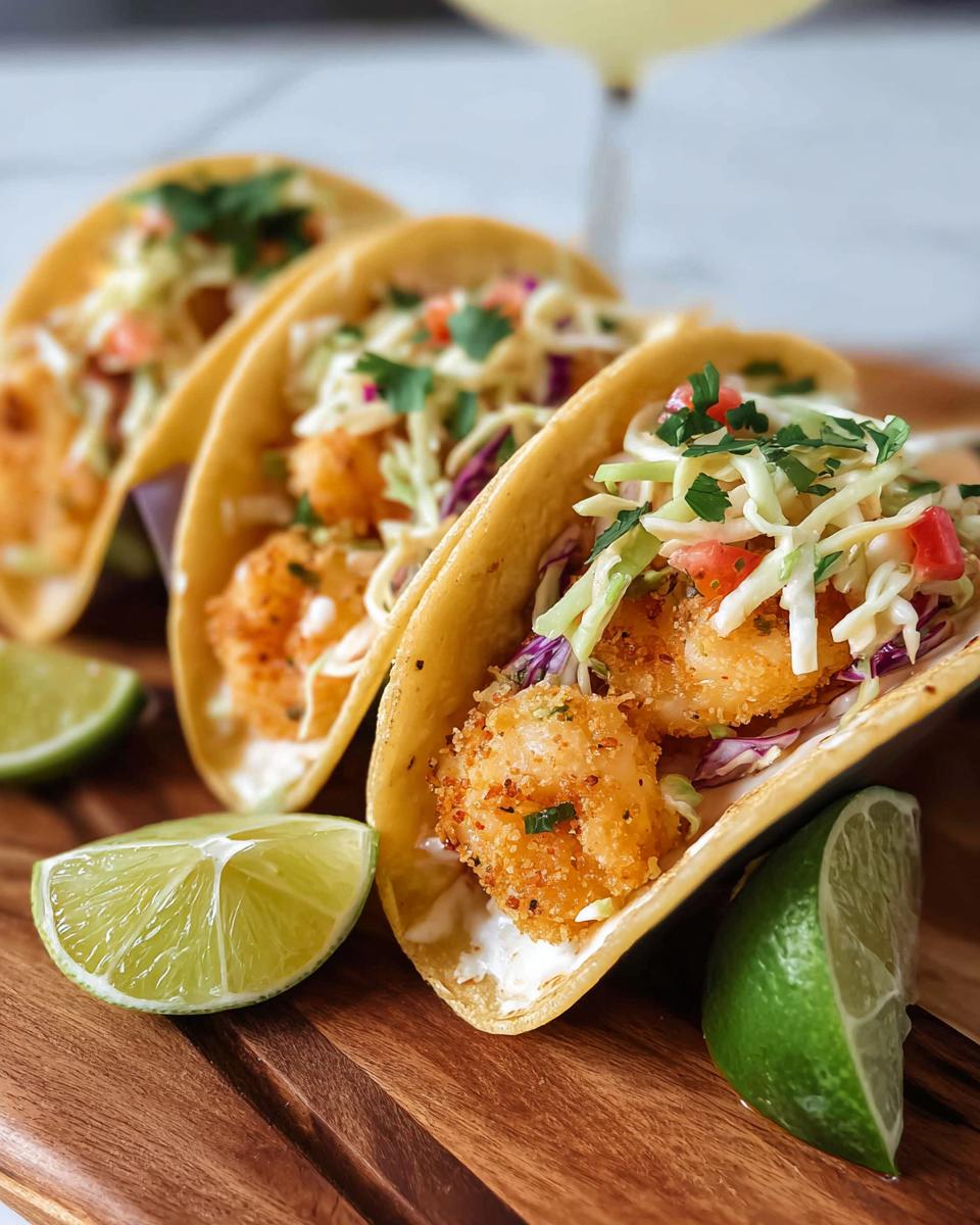 Three crispy shrimp tacos topped with slaw and cilantro, served with lime wedges. A perfect example of quick shrimp recipes.