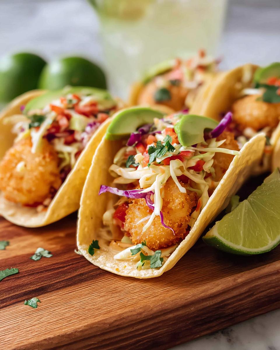 Close-up of three crispy shrimp tacos topped with avocado, slaw, and cilantro, served with lime wedges.
