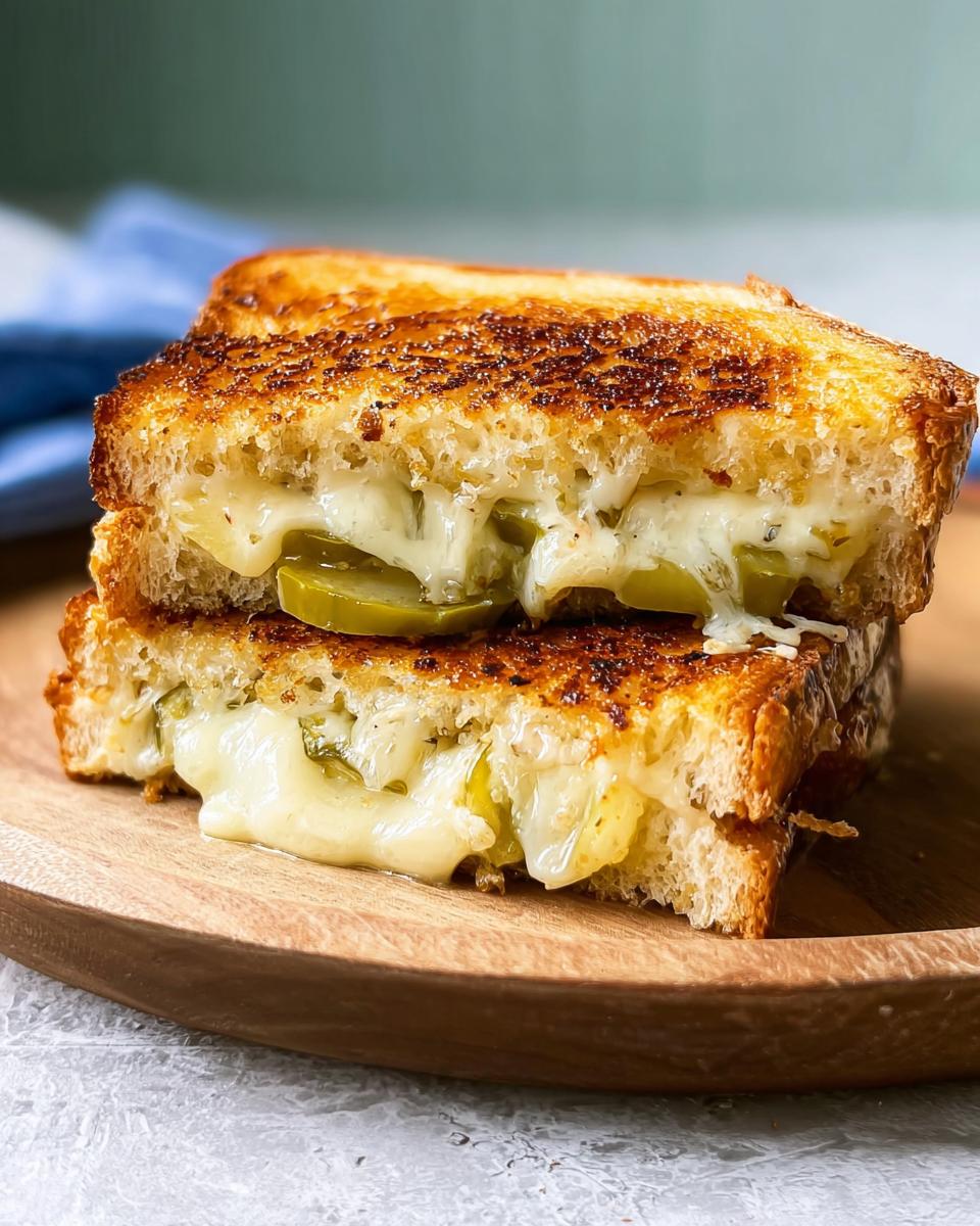 A close-up of a dill pickle grilled cheese sandwich, with melted cheese oozing out and pickle slices visible.