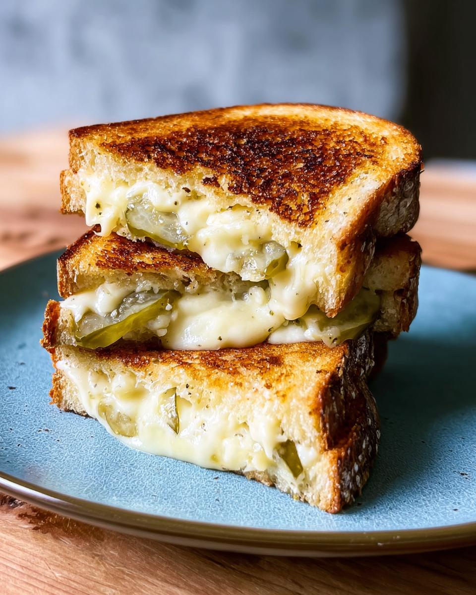 A stack of two halves of a grilled cheese sandwich filled with melted cheese and dill pickle slices.