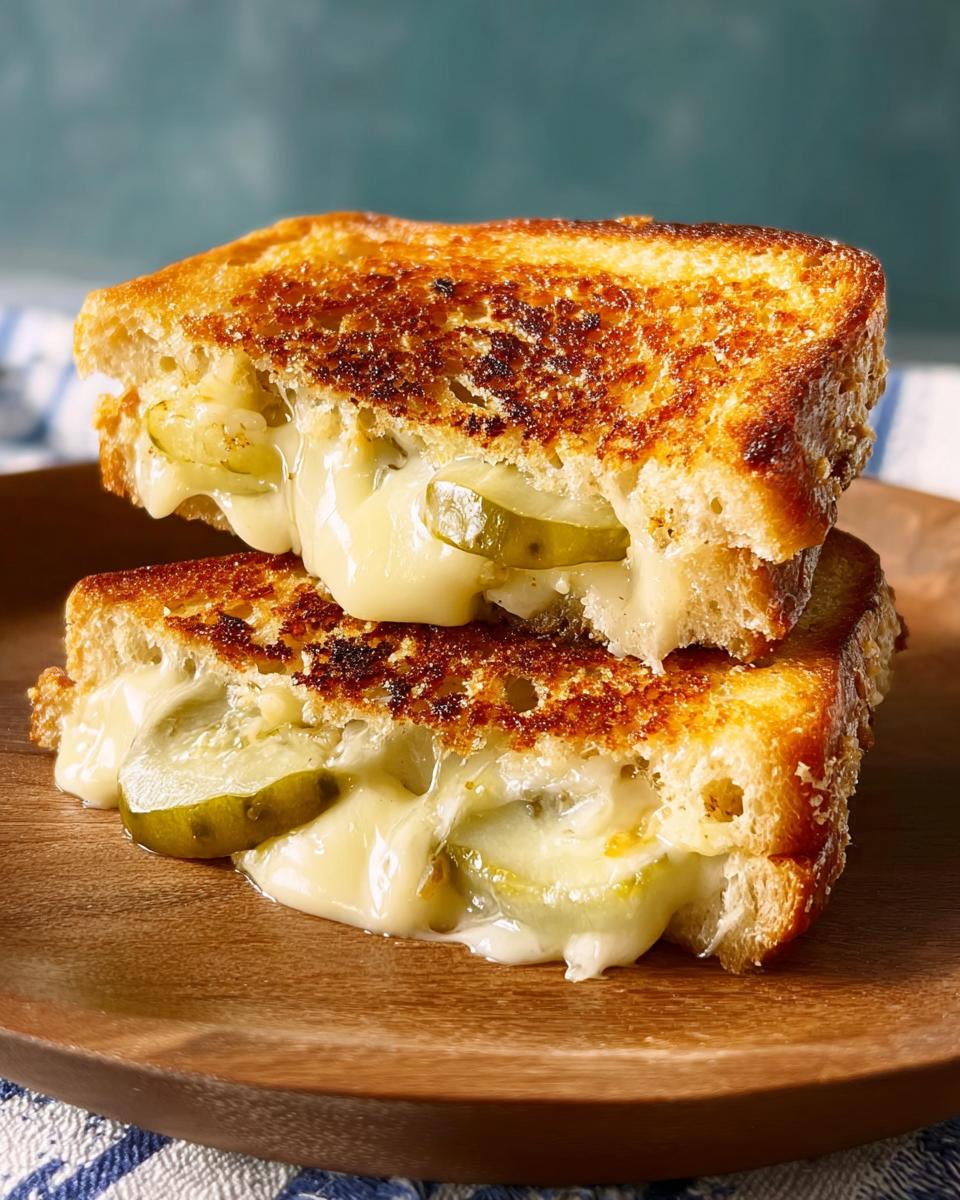 A close-up of a gooey dill pickle grilled cheese sandwich, with melted cheese oozing out.