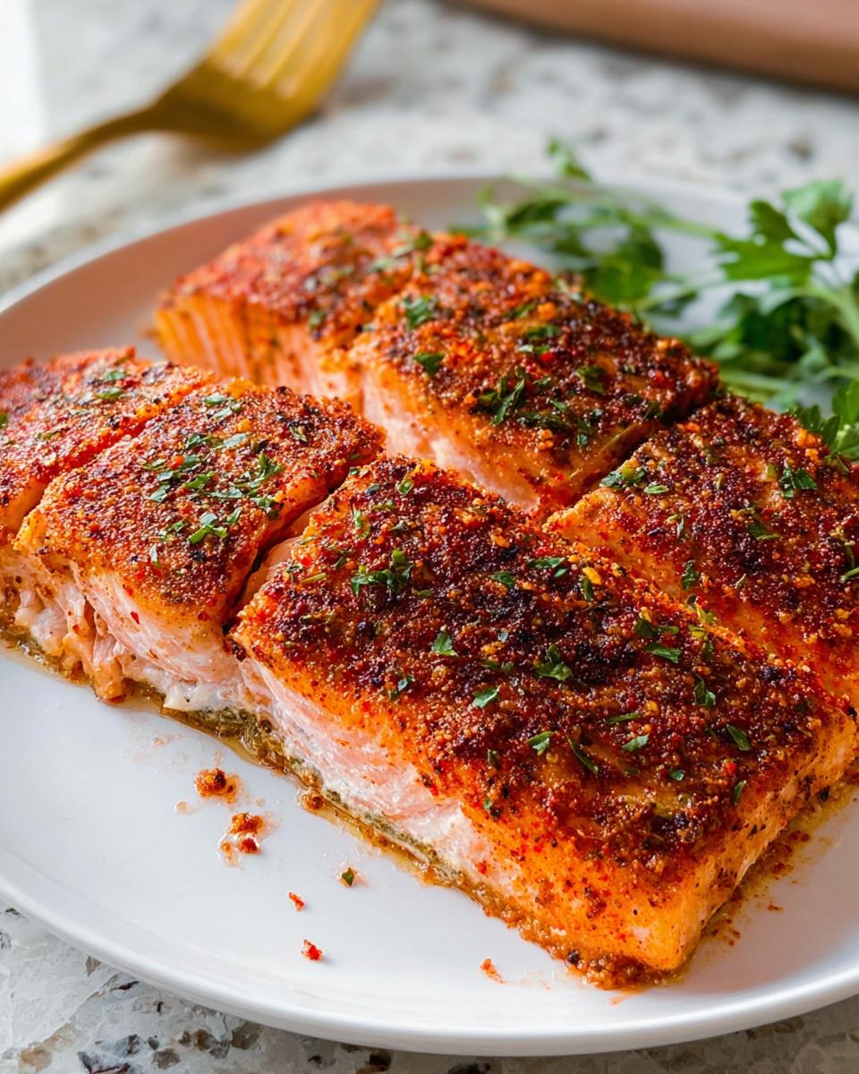 Close-up of perfectly cooked salmon fillets seasoned with spices and herbs, part of easy 30 min salmon recipes.