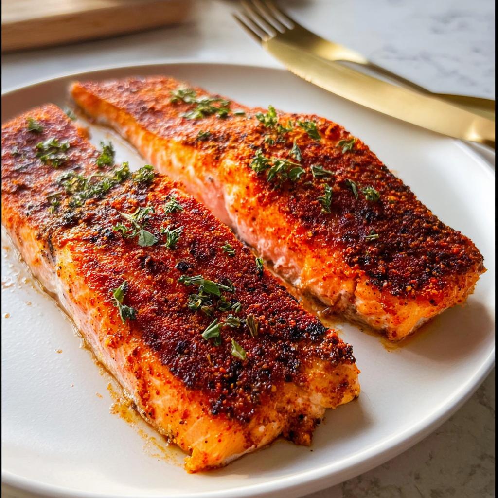 Two perfectly cooked salmon fillets with a crispy, seasoned crust, garnished with fresh herbs, ready to be served as part of easy 30 min salmon recipes.