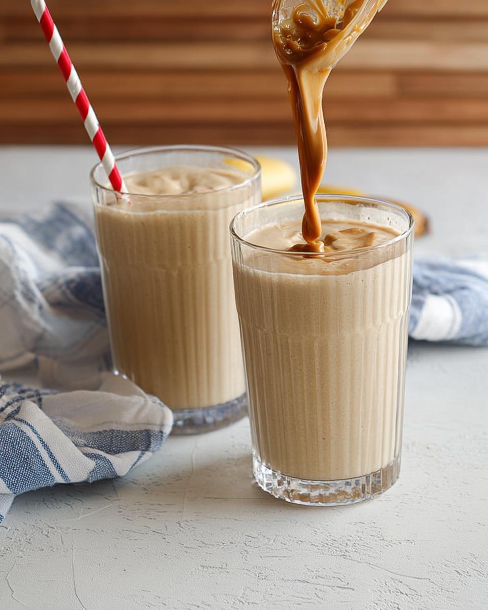 Pouring peanut butter into a creamy banana smoothie in a glass, part of The Ultimate Breakfast Ideas Recipes Guide for Beginners.