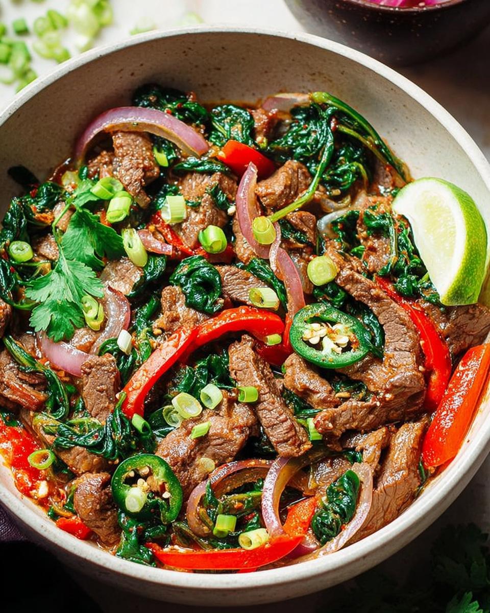 Close-up of a beginner's easy beef stir-fry with sliced beef, red peppers, spinach, and jalapeños.