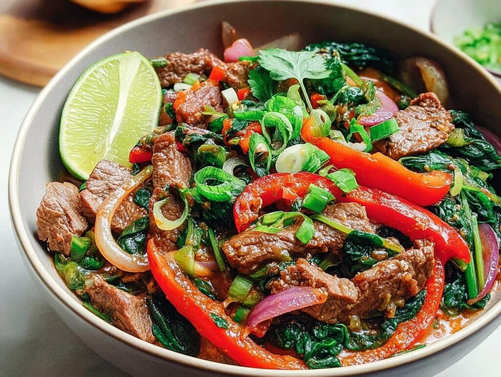 A close-up of a delicious beef stir-fry with red bell peppers, spinach, onions, and a lime wedge.