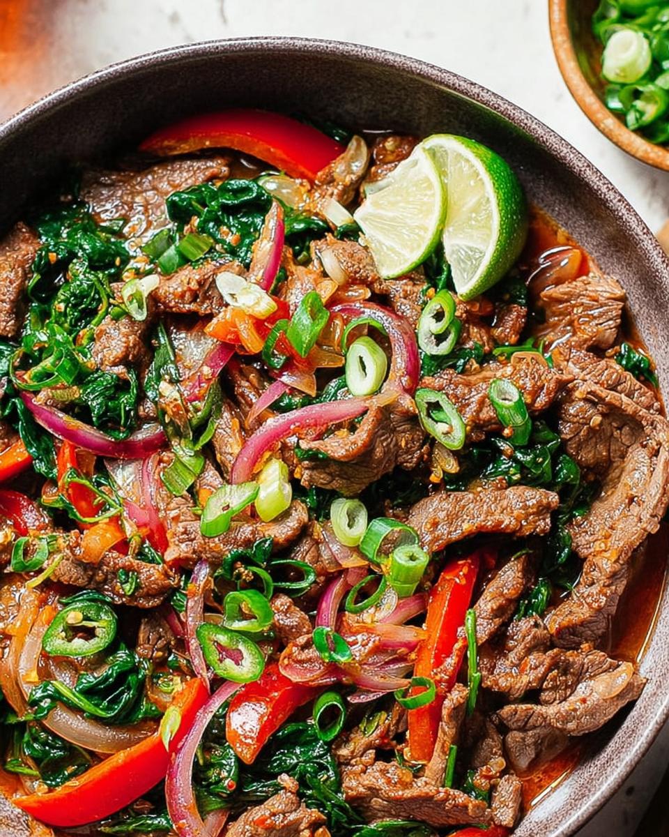 Close-up of a vibrant beef and vegetable stir-fry with red bell peppers, red onion, spinach, and lime wedges.