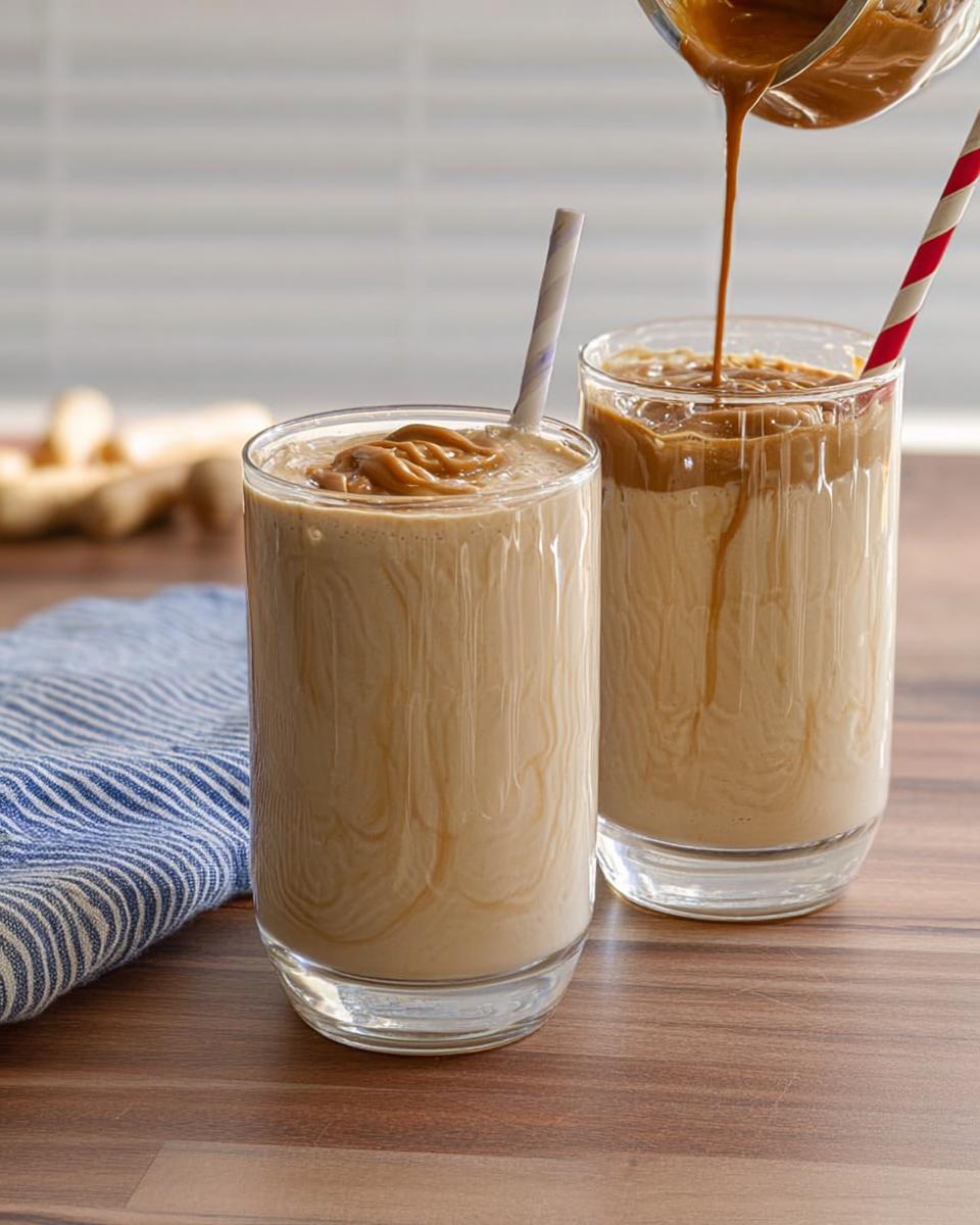 Two glasses of creamy peanut butter banana smoothie, one being topped with a drizzle of peanut butter.