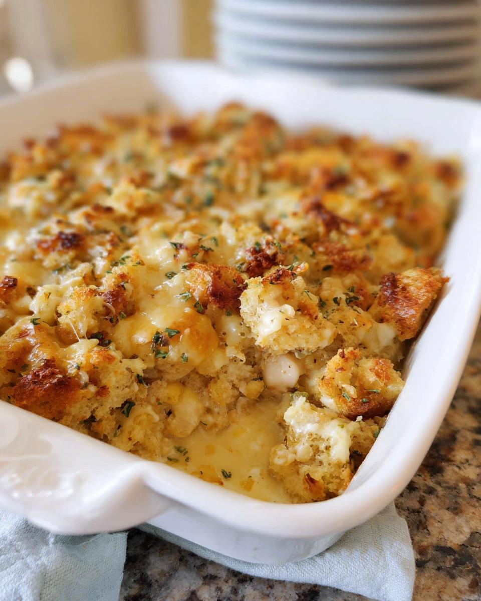 A close-up of a baked casserole dish filled with stuffing-like bread cubes, melted cheese, and herbs.