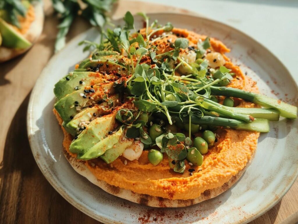 A vibrant and healthy open-faced sandwich with hummus, avocado slices, peas, asparagus, and microgreens, perfect for easy dinner recipes.