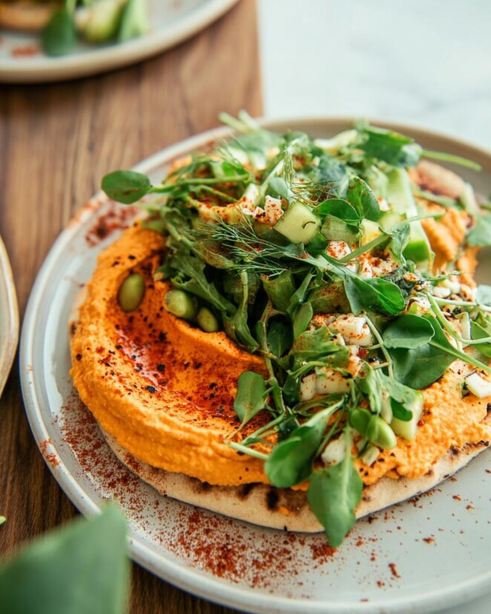 A vibrant flatbread topped with creamy hummus, fresh greens, edamame, and diced cucumber, perfect for easy dinner.