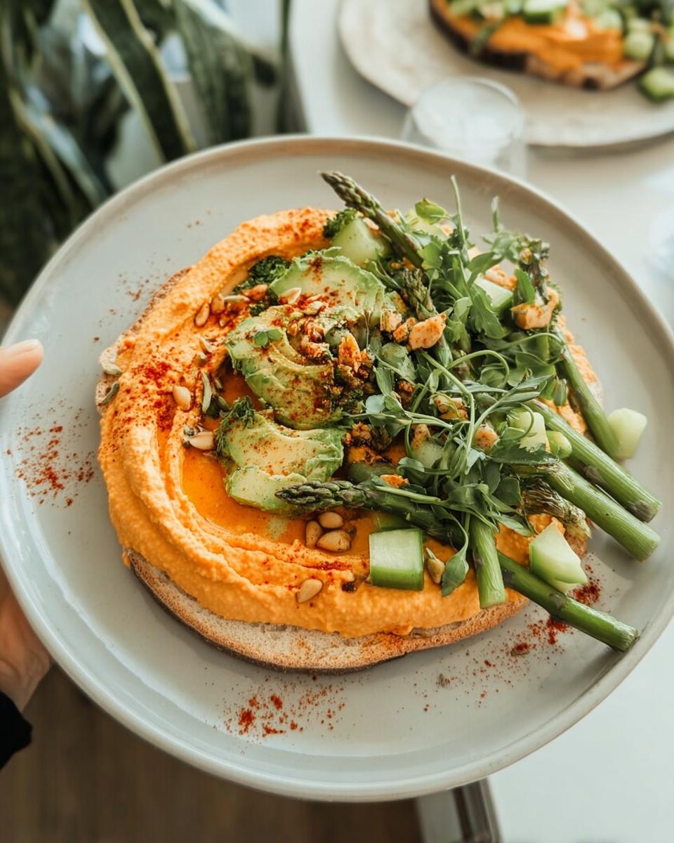 A vibrant open-faced sandwich with hummus, avocado slices, asparagus, and microgreens, perfect for easy dinner recipes.