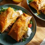 Two golden baked empanadas served with a side of salad and sour cream, perfect for easy dinner recipes.
