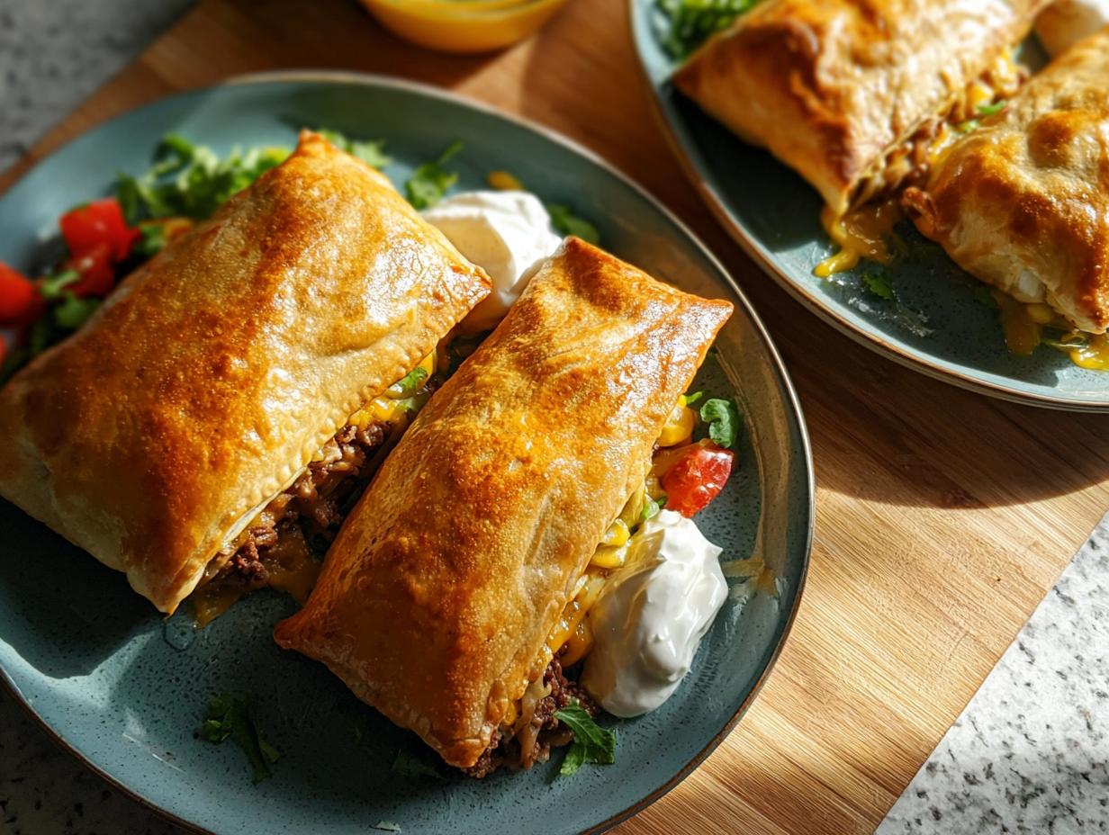 Two golden baked empanadas served with a side of salad and sour cream, perfect for easy dinner recipes.