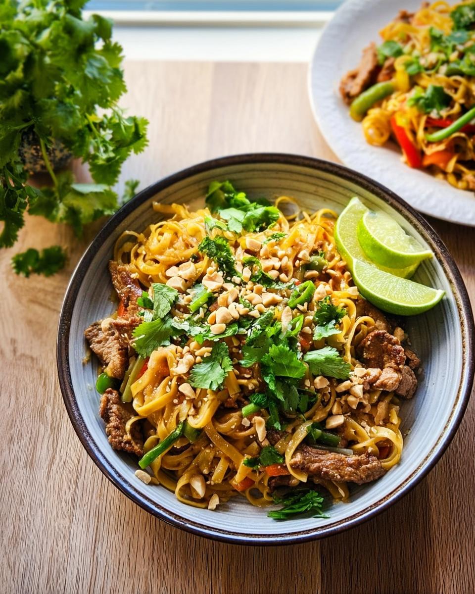 A delicious bowl of beef and noodles, a perfect easy dinner recipe, topped with peanuts and cilantro, served with lime wedges.