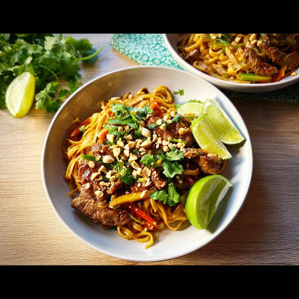 A delicious bowl of beef and noodles, a perfect easy dinner recipe, garnished with cilantro, peanuts, and lime wedges.