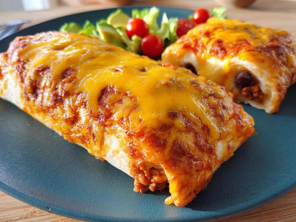 Two cheesy baked burritos filled with meat and beans, served with a side of lettuce, avocado, and cherry tomatoes. An easy dinner recipe.
