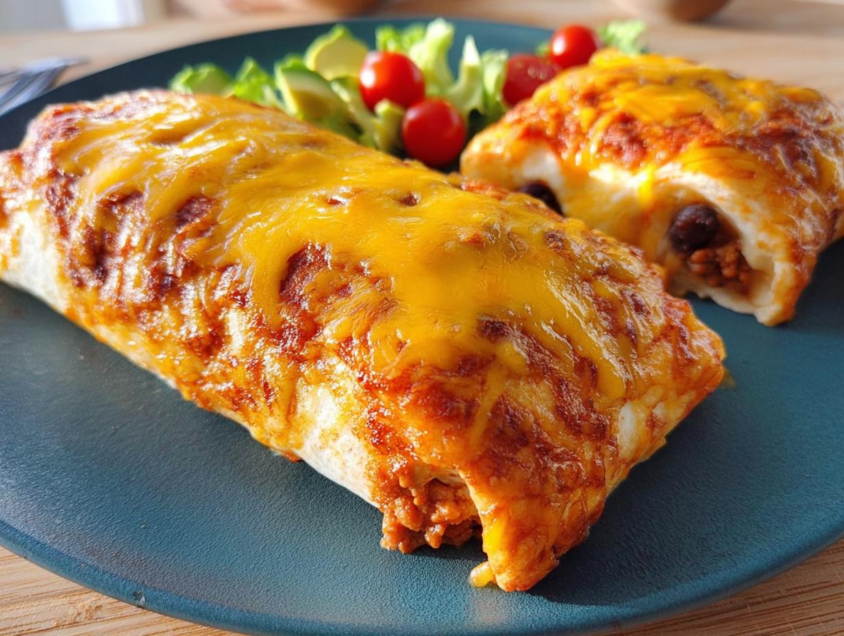 Two cheesy baked burritos filled with meat and beans, served with a side of lettuce, avocado, and cherry tomatoes. An easy dinner recipe.