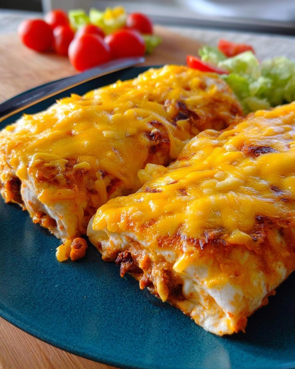 Close-up of cheesy enchiladas, a delicious and easy dinner recipe, served with a side of lettuce and cherry tomatoes.