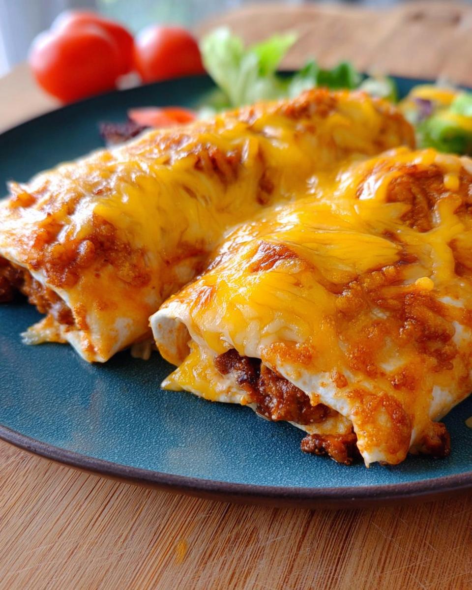 Two cheesy enchiladas topped with melted cheddar cheese and red sauce, served with a side salad.