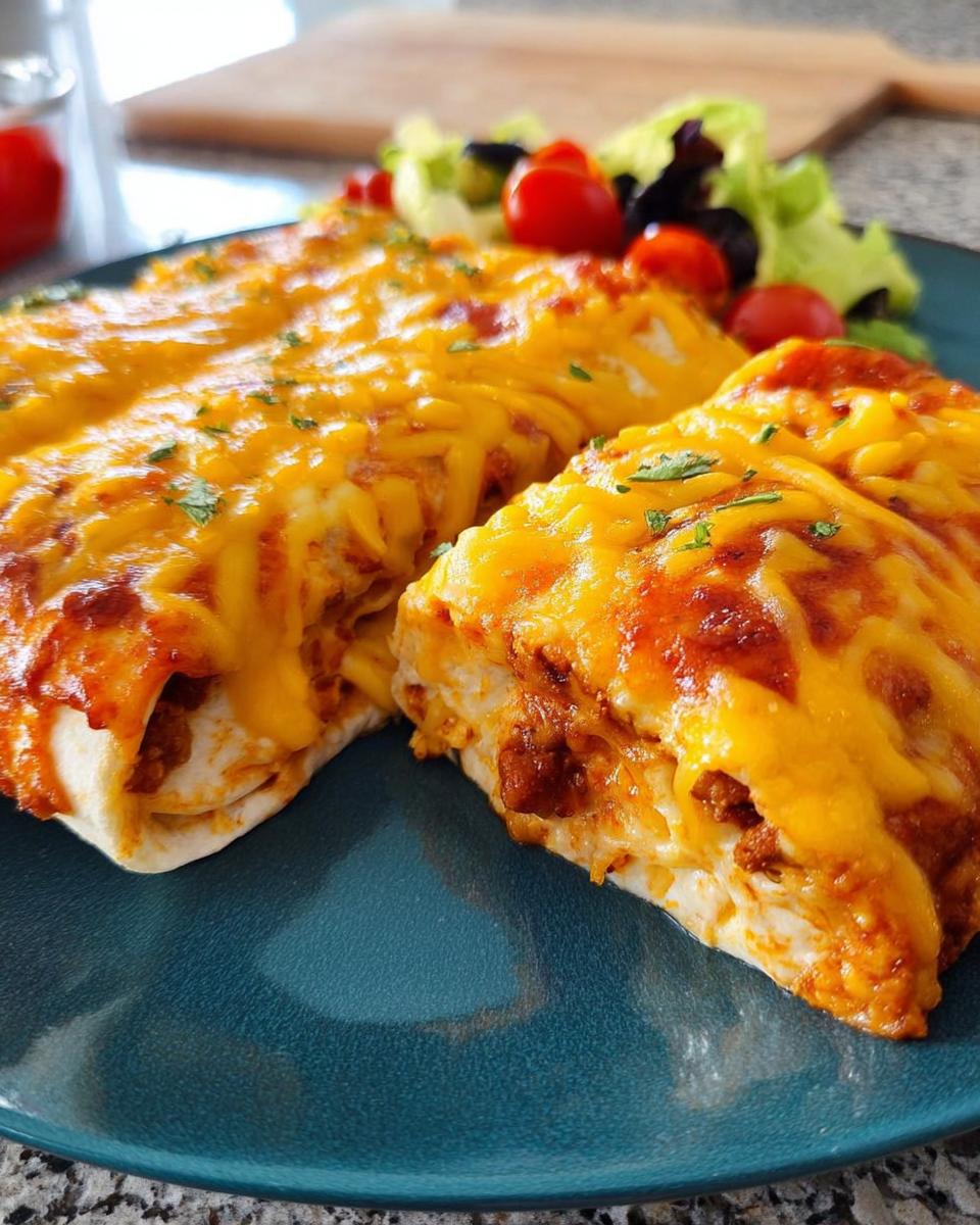 Two cheesy enchiladas topped with melted cheddar cheese and a side of salad, part of an easy dinner recipe.