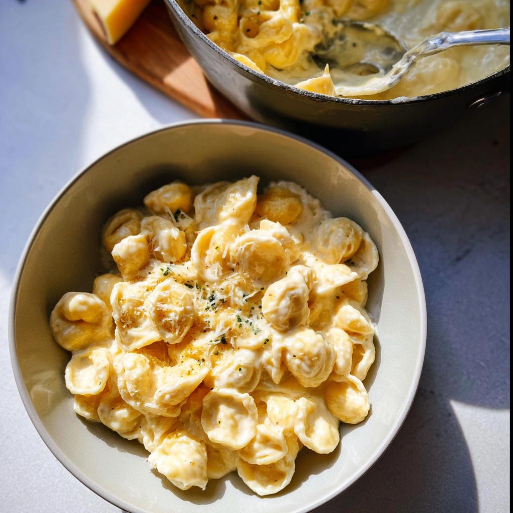 A bowl of creamy orecchiette pasta, a delicious and easy dinner recipe, garnished with herbs and cheese.