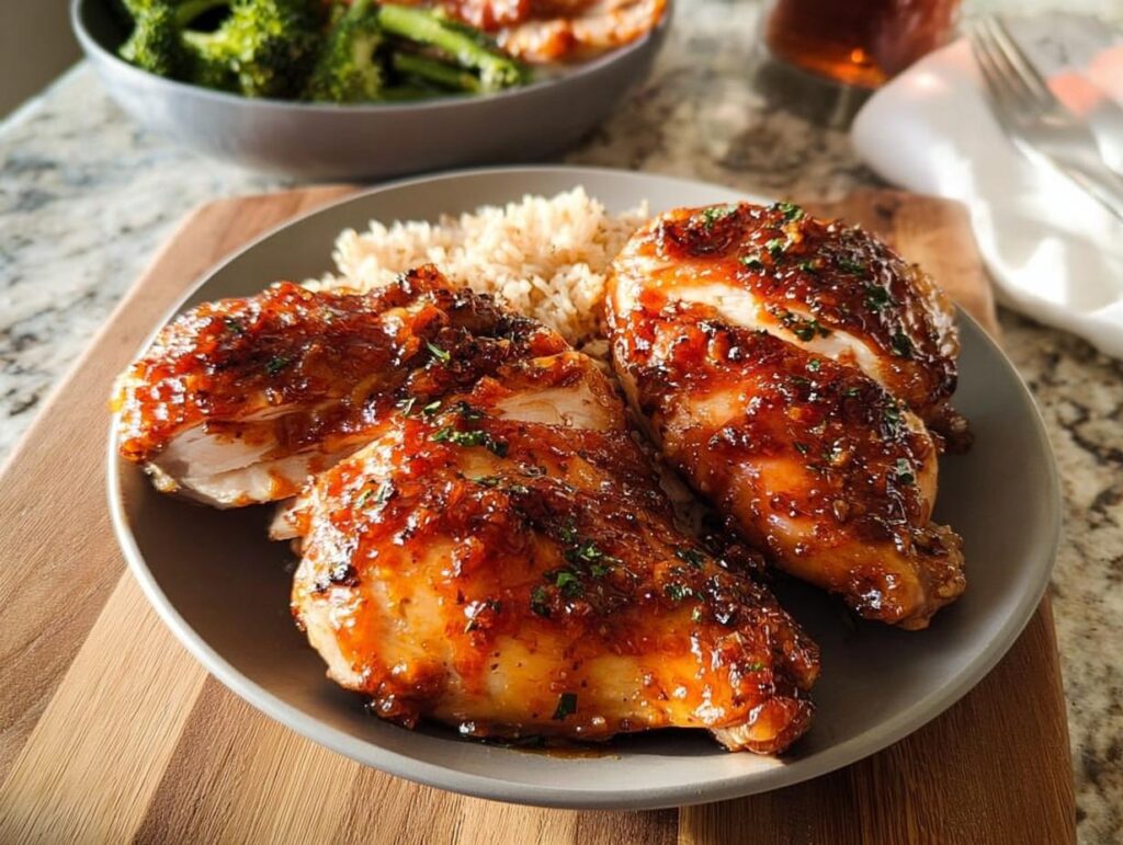 Two pieces of glazed chicken breast served with rice, a perfect easy dinner recipe.