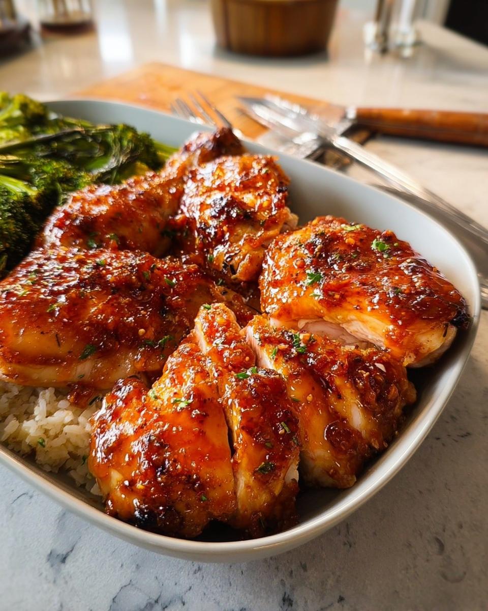 A close-up of a delicious glazed chicken dish served with rice and broccoli, perfect for easy dinner recipes.