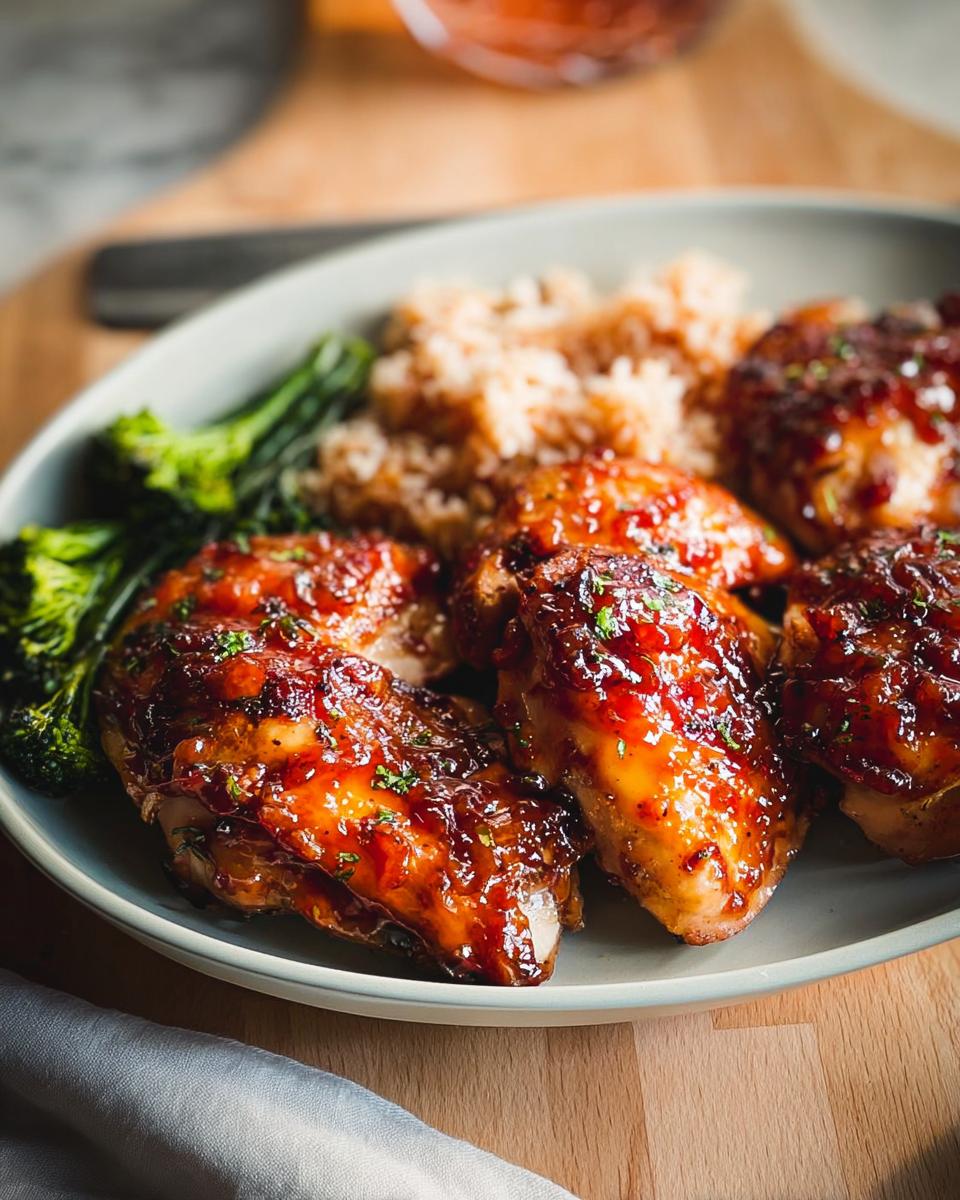 A plate of glazed chicken thighs served with rice and broccoli, perfect for an easy dinner recipe.