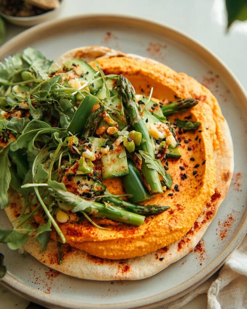 A vibrant and healthy easy dinner recipe featuring hummus topped with fresh asparagus, cucumber, and greens on a pita.