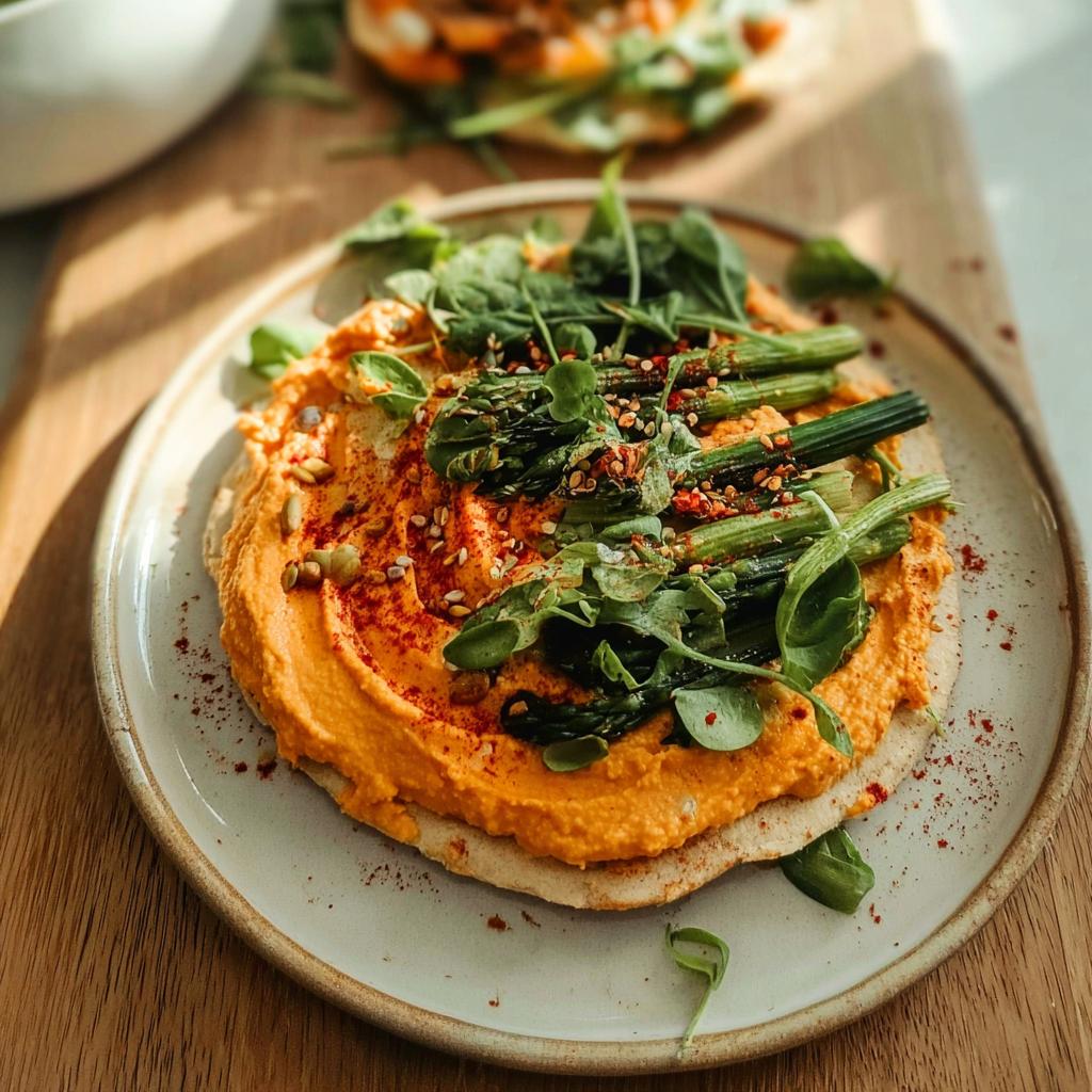 A delicious hummus flatbread topped with asparagus, greens, and seeds, perfect for easy dinners.