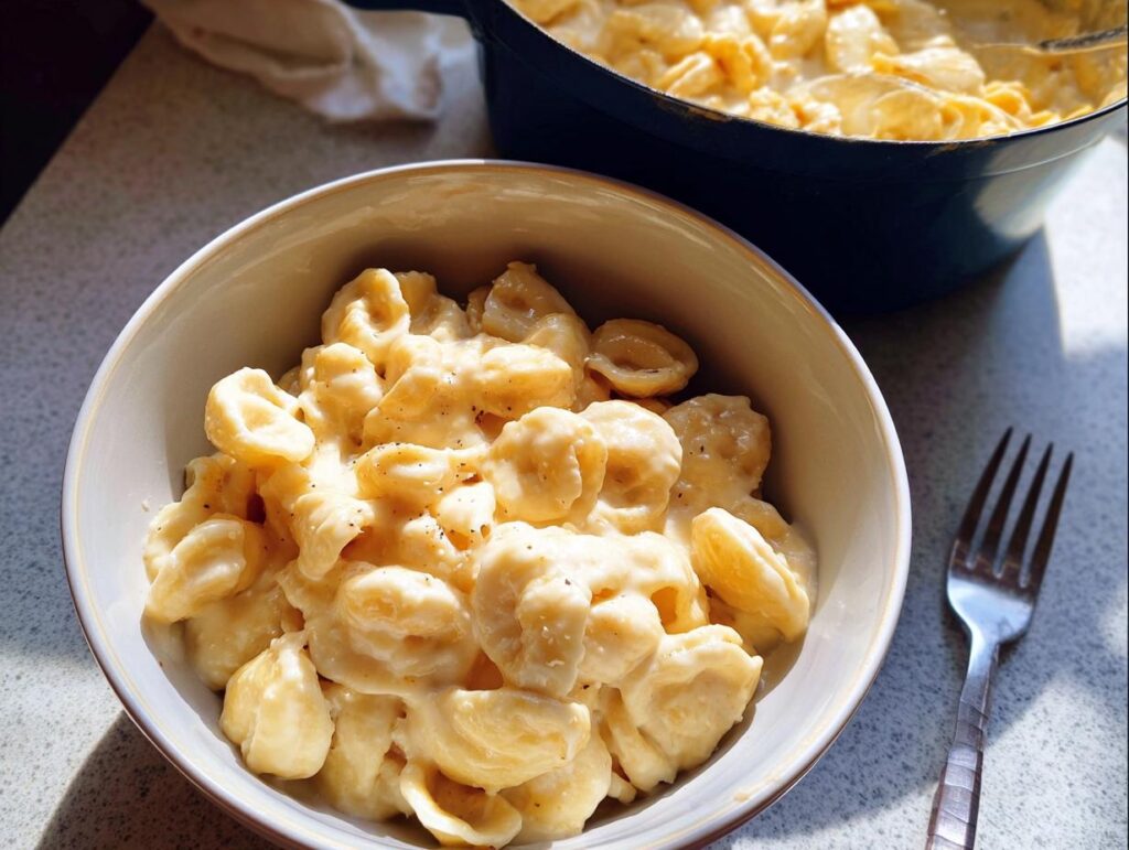 A bowl of creamy macaroni and cheese, a perfect example of easy dinner recipes.