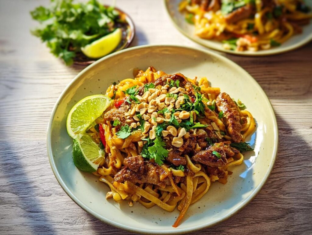 A close-up of a plate of Pad Thai with beef, garnished with peanuts, cilantro, and lime wedges, perfect for easy dinner recipes.