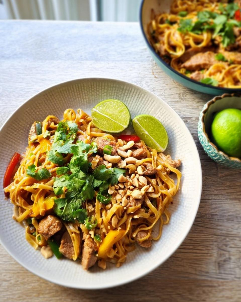 A plate of delicious Pad Thai noodles with chicken, vegetables, peanuts, and lime wedges, perfect for an easy dinner recipe.