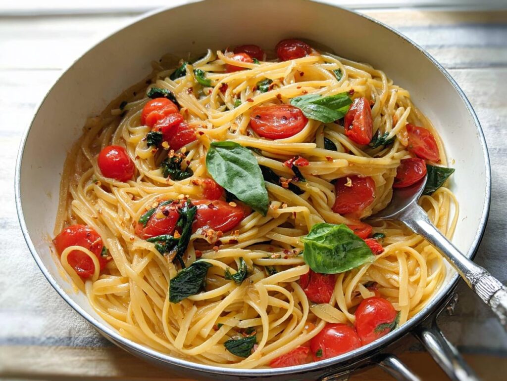A close-up of linguine pasta with cherry tomatoes, basil, and chili flakes in a pan, perfect for easy dinner recipes meal prep.