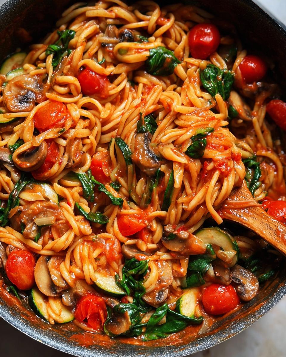 Close-up of a pan filled with pasta, cherry tomatoes, zucchini, mushrooms, and spinach in a tomato sauce.
