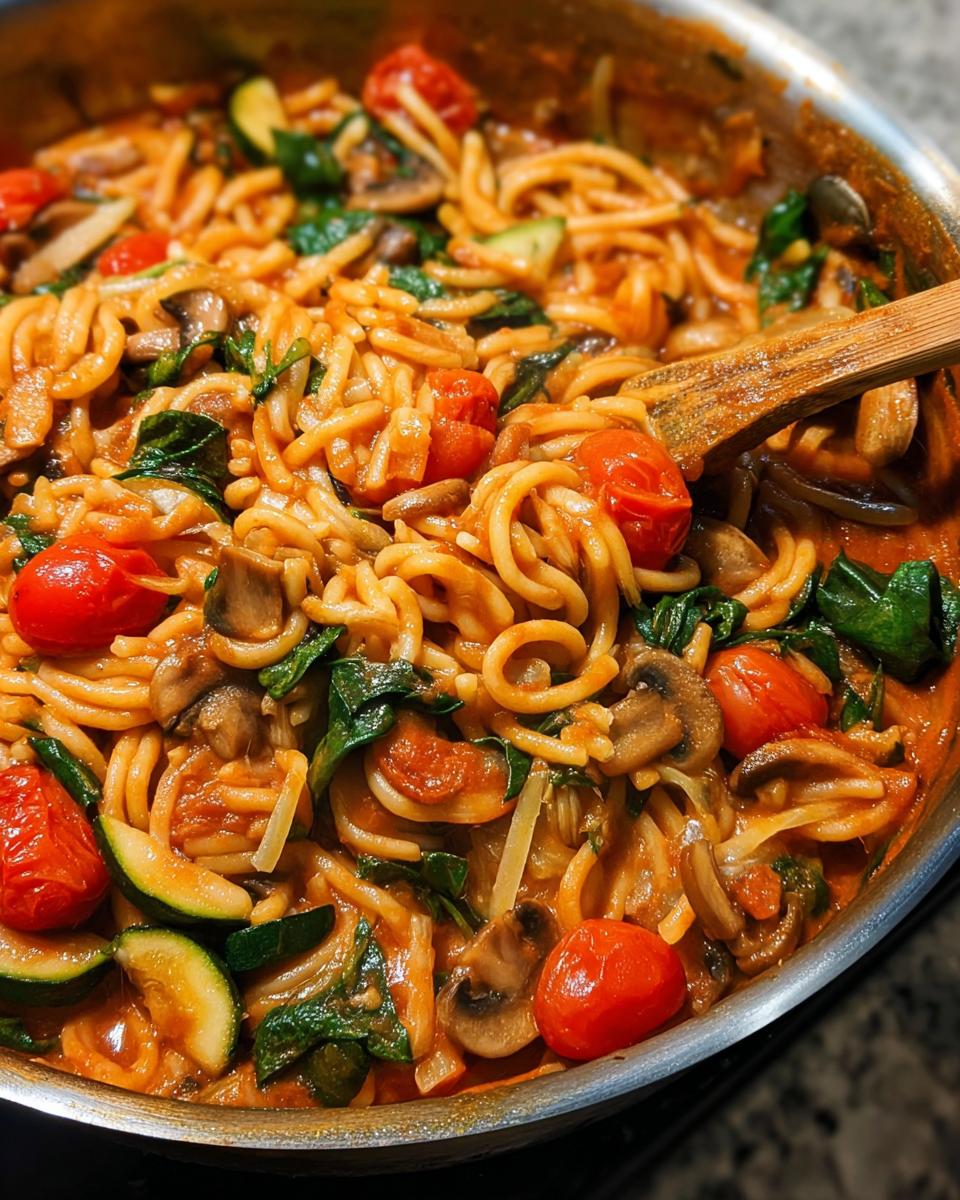 Close-up of a pan of pasta with cherry tomatoes, zucchini, mushrooms, and spinach in a tomato sauce.