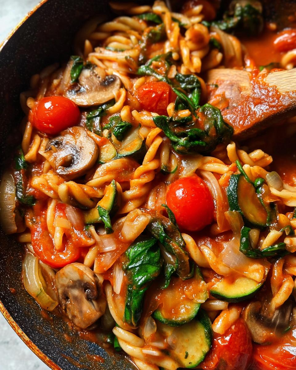 Close-up of a pan of fusilli pasta with cherry tomatoes, zucchini, mushrooms, and spinach in a tomato sauce.