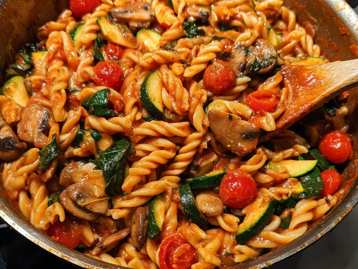 A close-up shot of fusilli pasta with cherry tomatoes, zucchini, mushrooms, and spinach in a tomato sauce, perfect for easy dinner recipes.