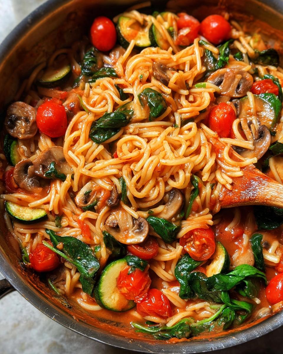 Close-up of a pan of spaghetti with zucchini, cherry tomatoes, mushrooms, and spinach, perfect for easy dinner recipes.